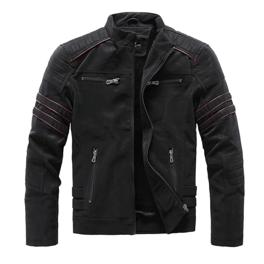 Stand Collar PU Leather Motorcycle Jacket / Men's Zipper Clothing with Multi-Pockets
