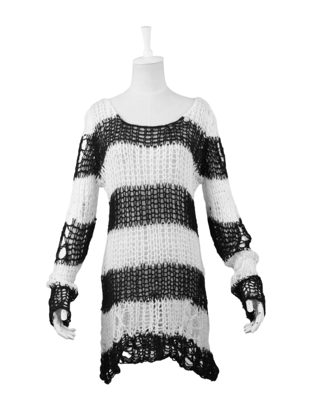 Chic Black and White Striped Long Sweater With Holes