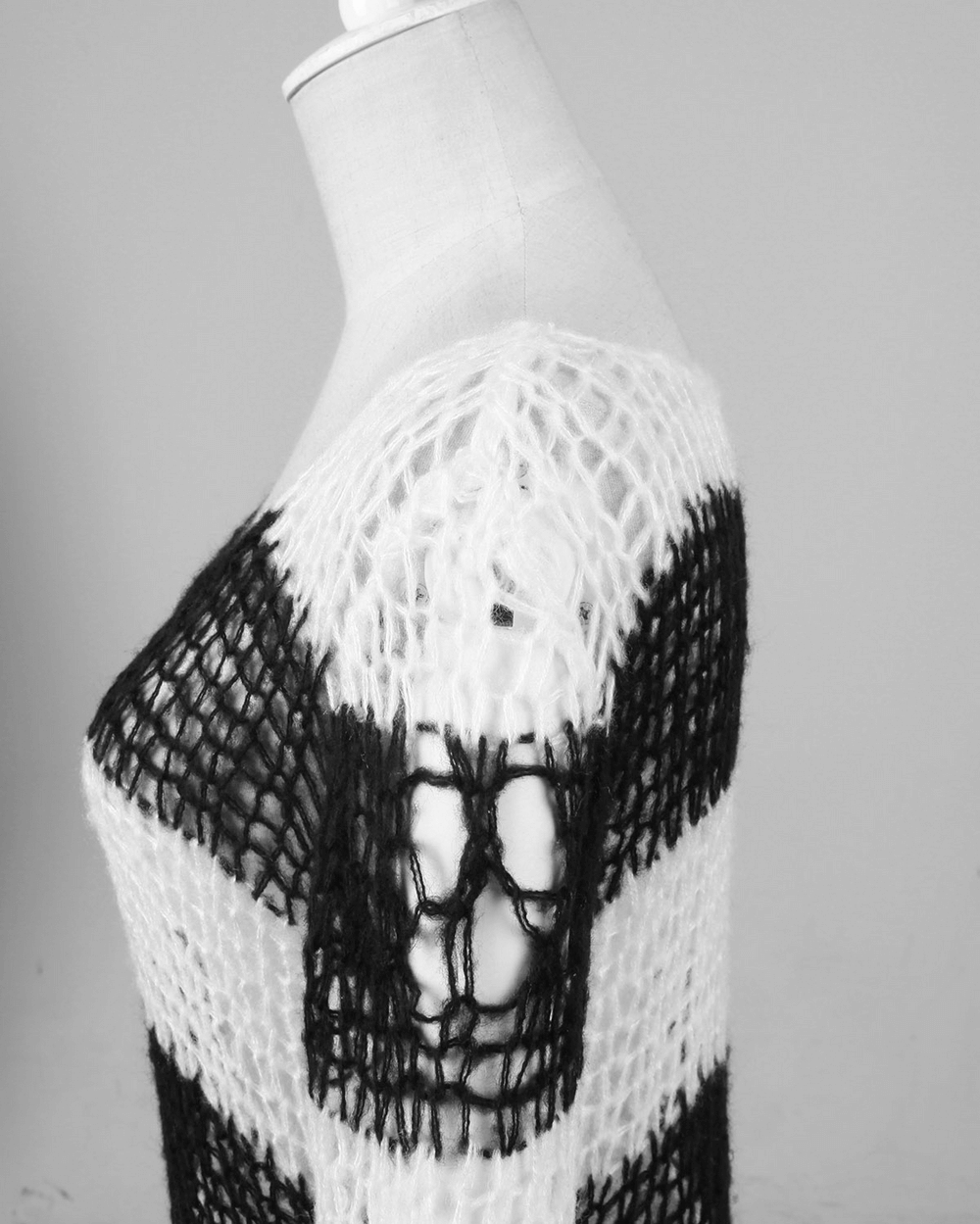 Chic Black and White Striped Long Sweater With Holes