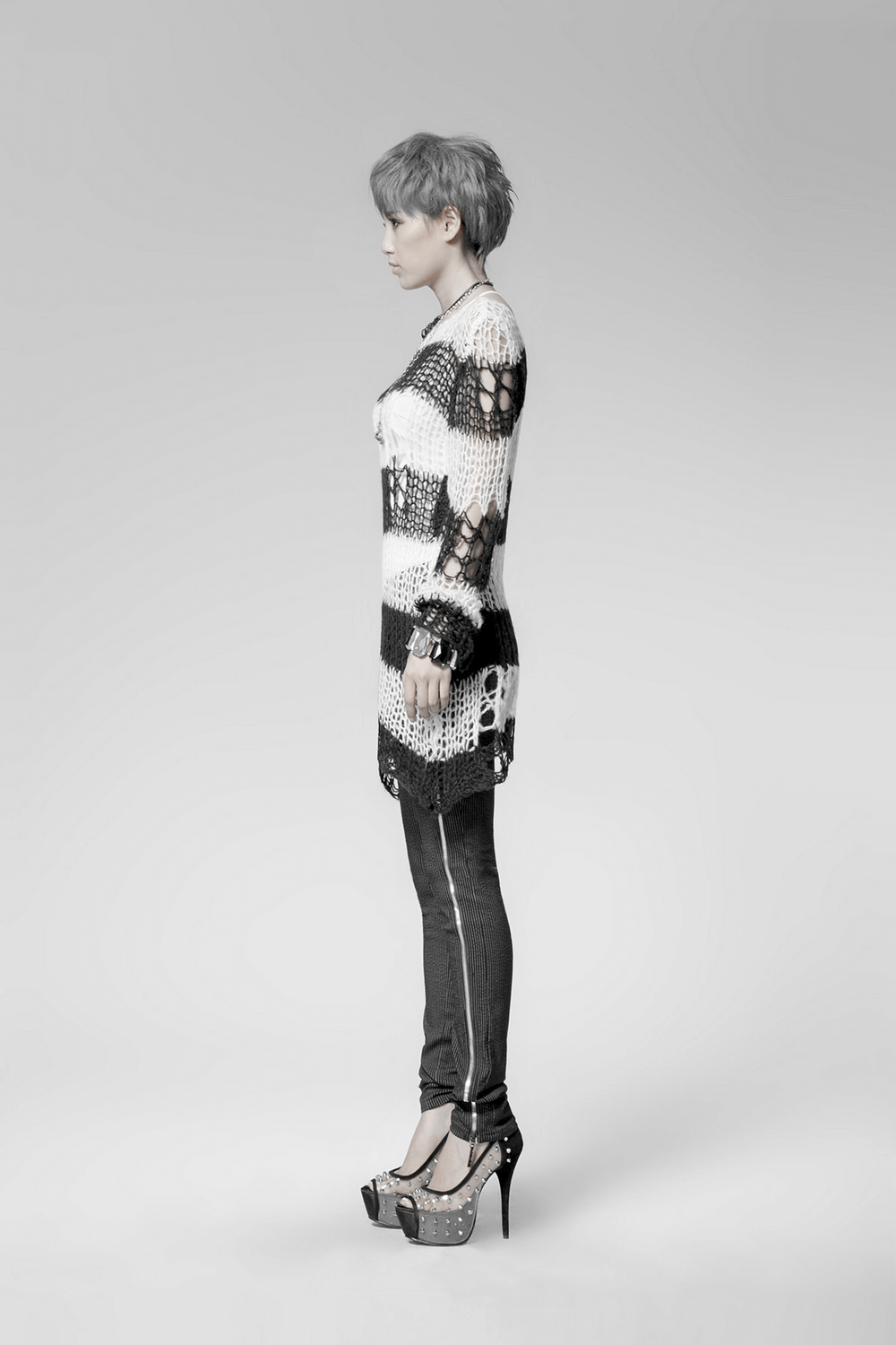 Chic Black and White Striped Long Sweater With Holes