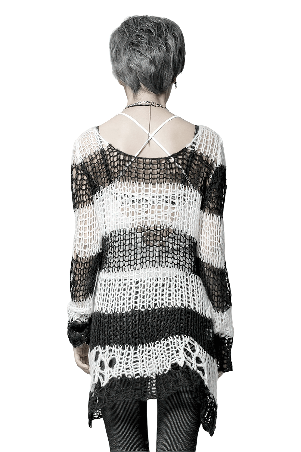 Chic Black and White Striped Long Sweater With Holes