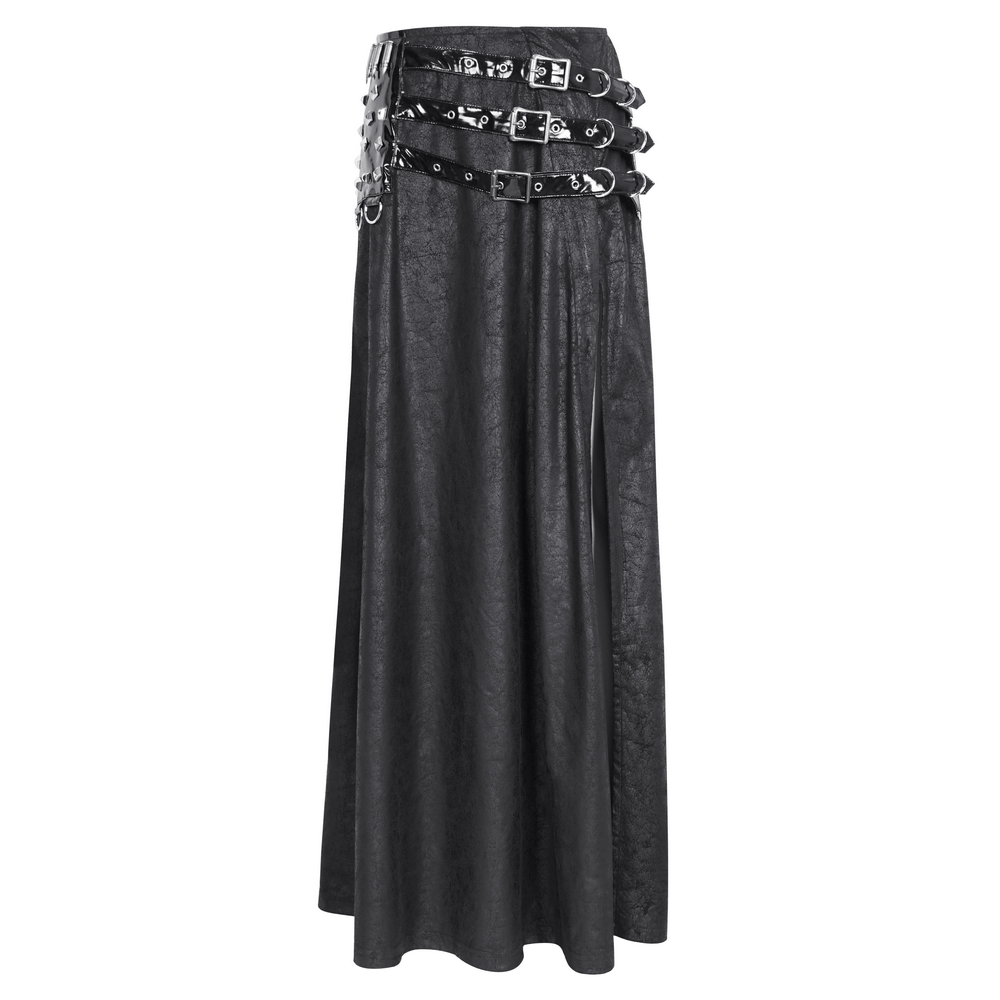 Chic Black Faux Leather Buckled Long Skirt With Slit