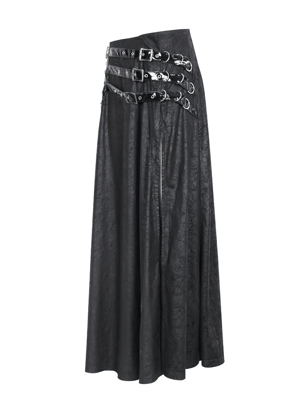 Chic Black Faux Leather Buckled Long Skirt With Slit