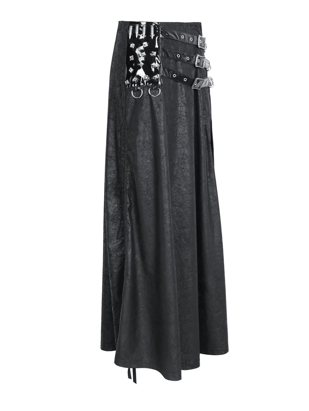 Chic Black Faux Leather Buckled Long Skirt With Slit