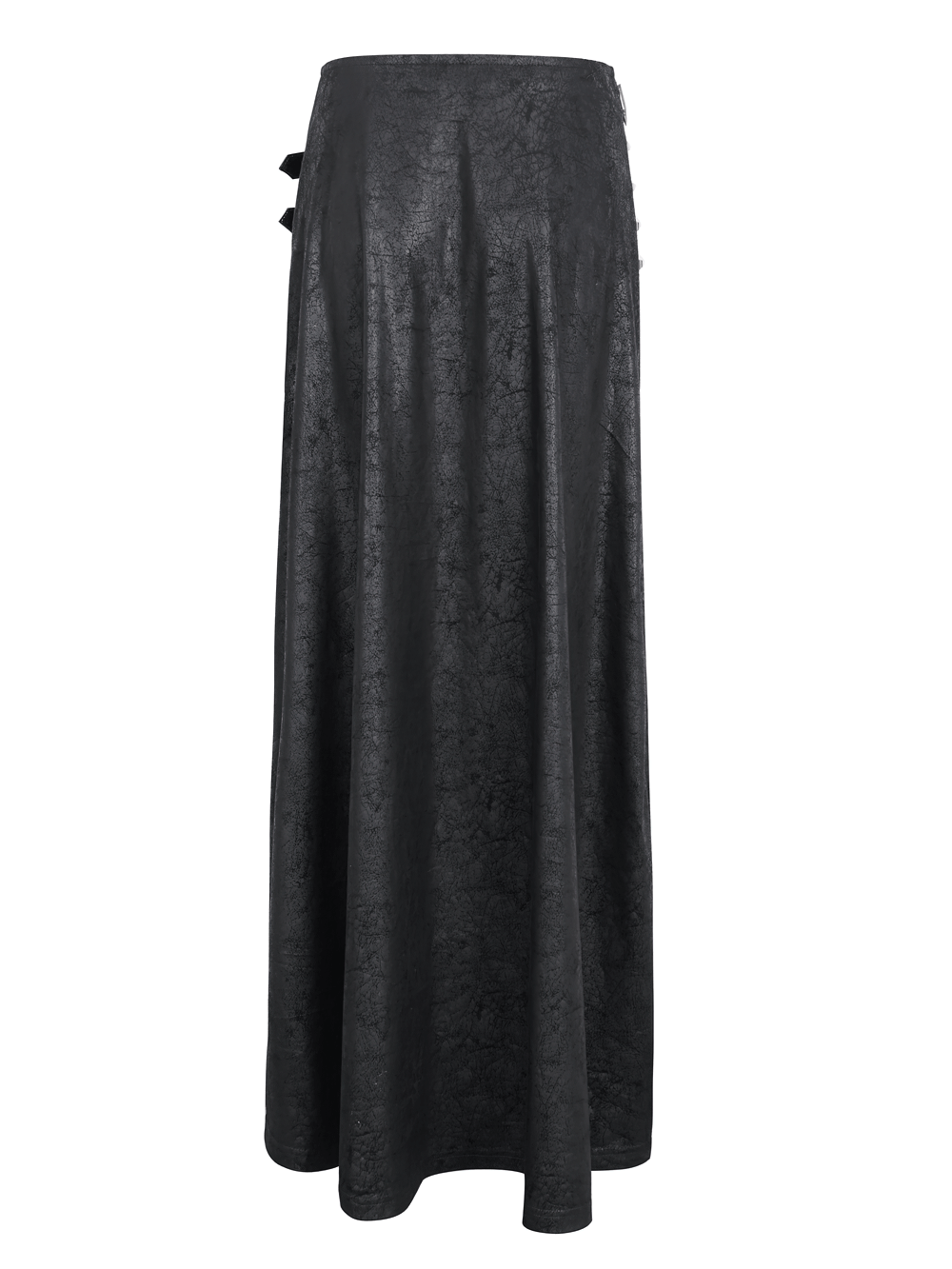 Chic Black Faux Leather Buckled Long Skirt With Slit