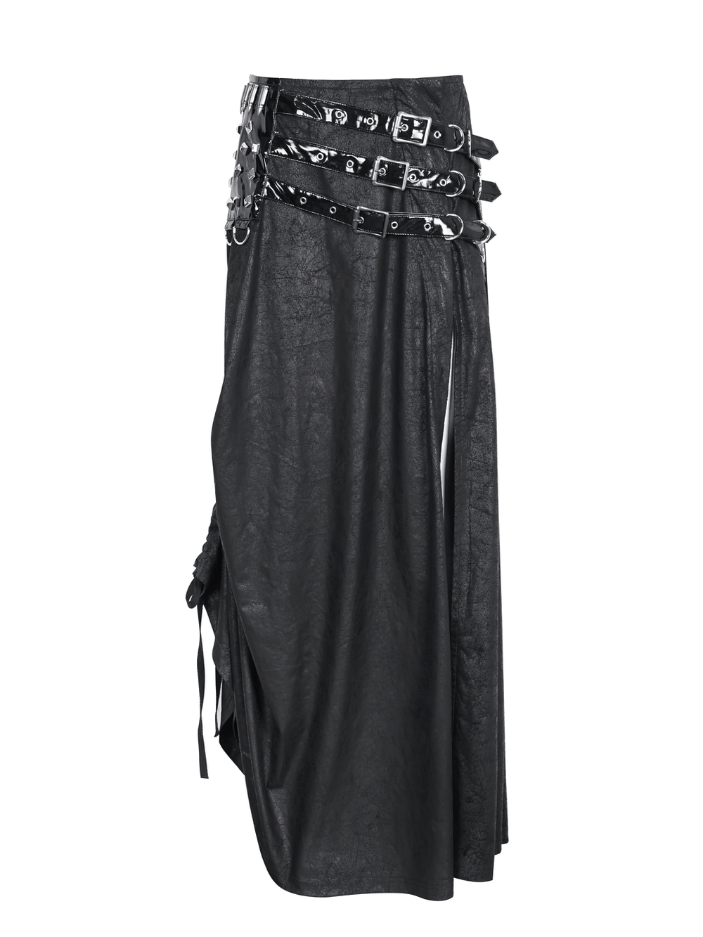 Chic Black Faux Leather Buckled Long Skirt With Slit