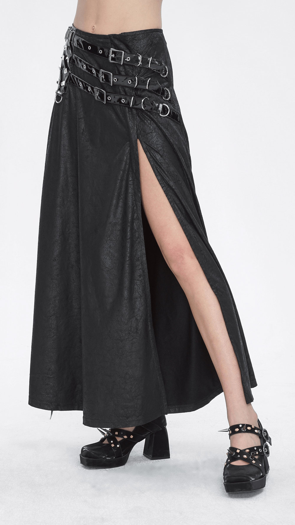 Chic Black Faux Leather Buckled Long Skirt With Slit