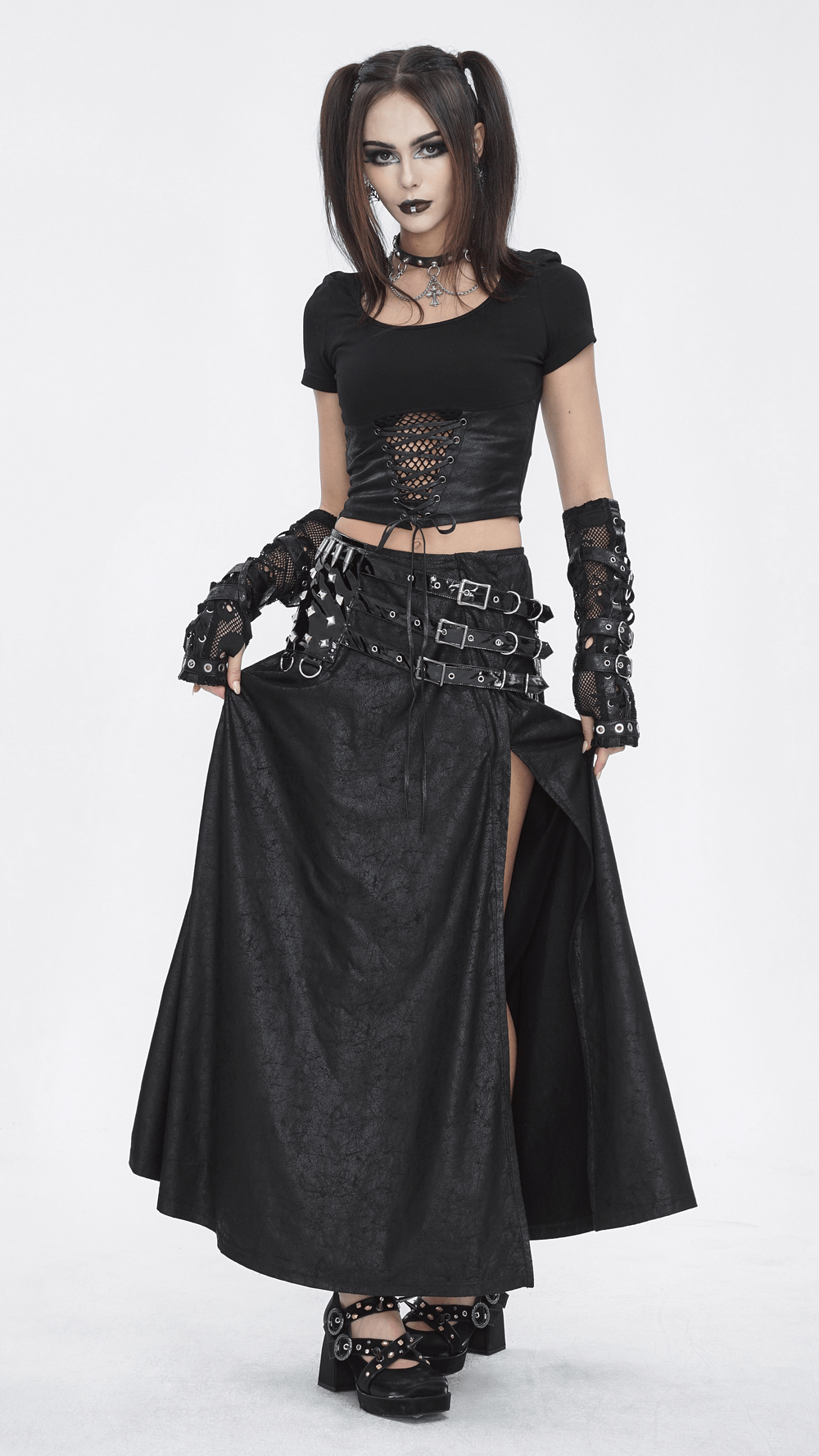 Chic Black Faux Leather Buckled Long Skirt With Slit