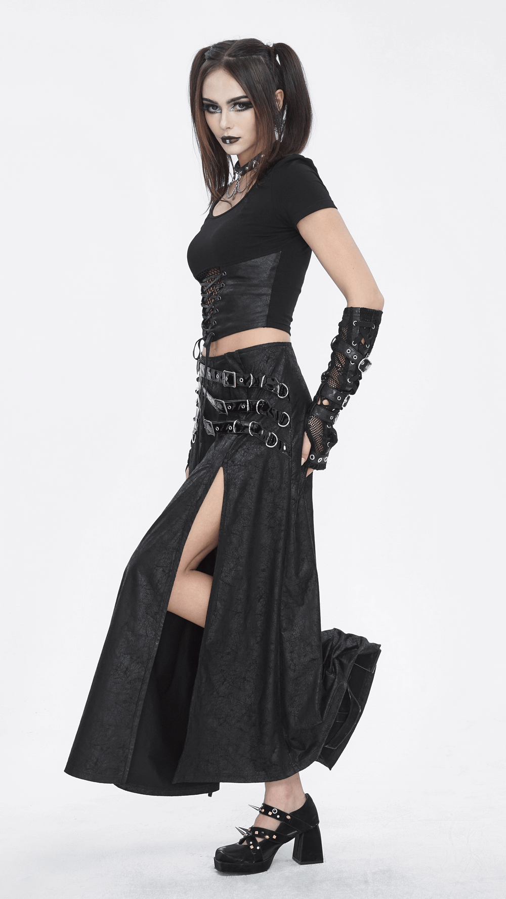 Chic Black Faux Leather Buckled Long Skirt With Slit