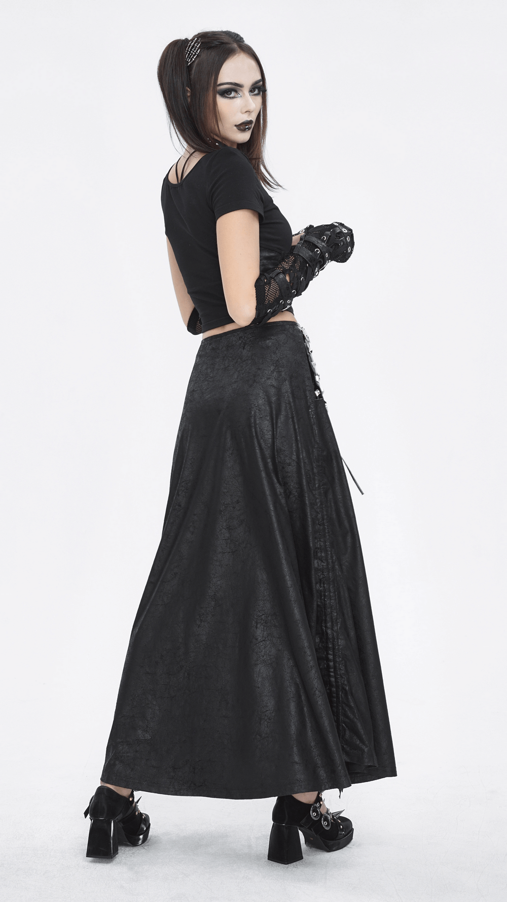 Chic Black Faux Leather Buckled Long Skirt With Slit
