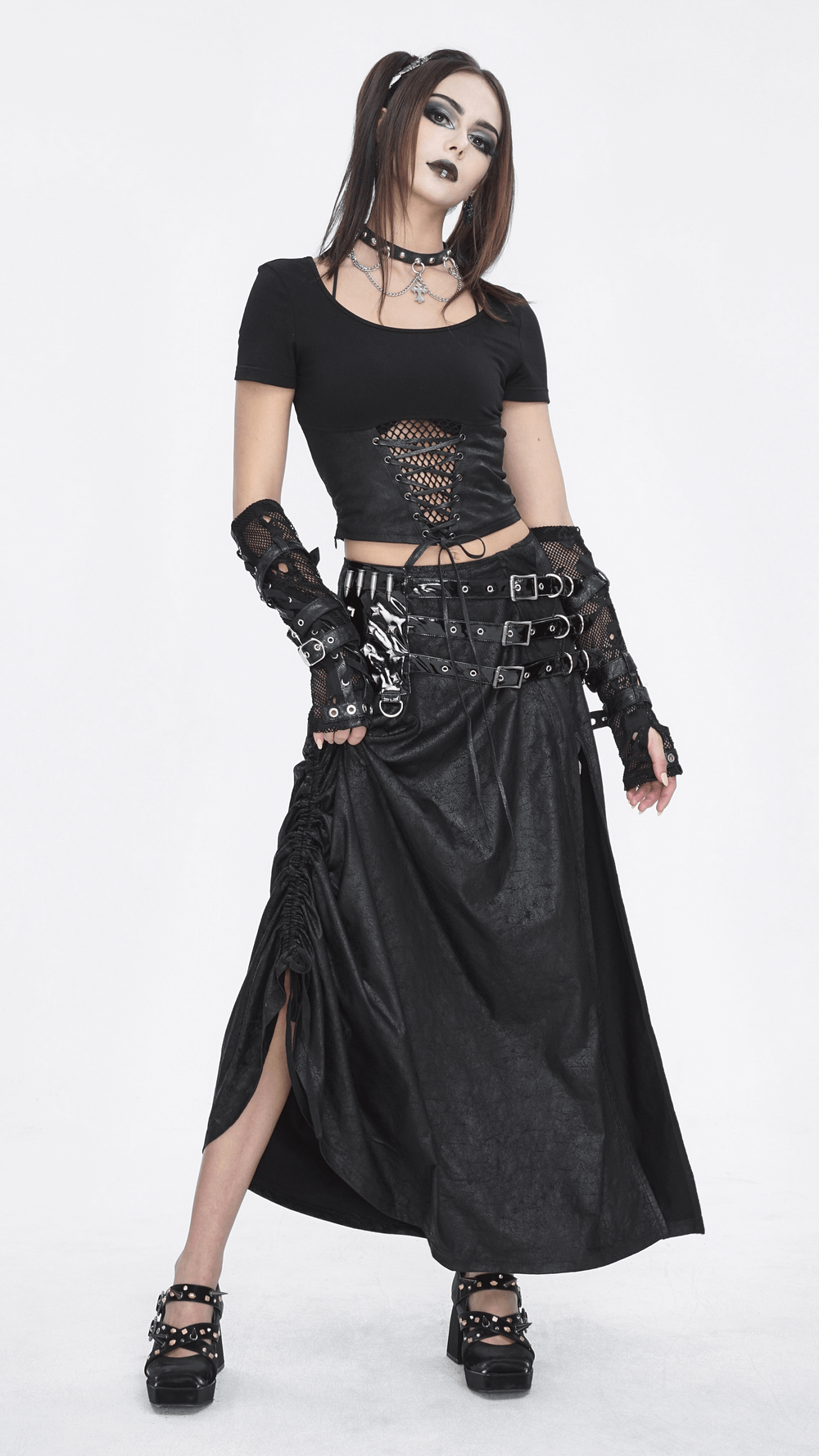 Chic Black Faux Leather Buckled Long Skirt With Slit