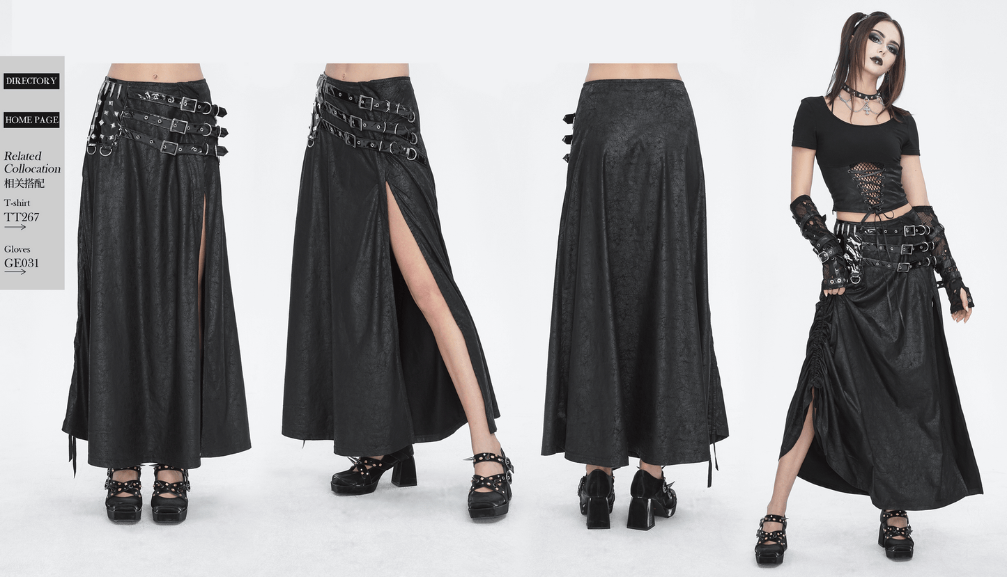 Chic Black Faux Leather Buckled Long Skirt With Slit