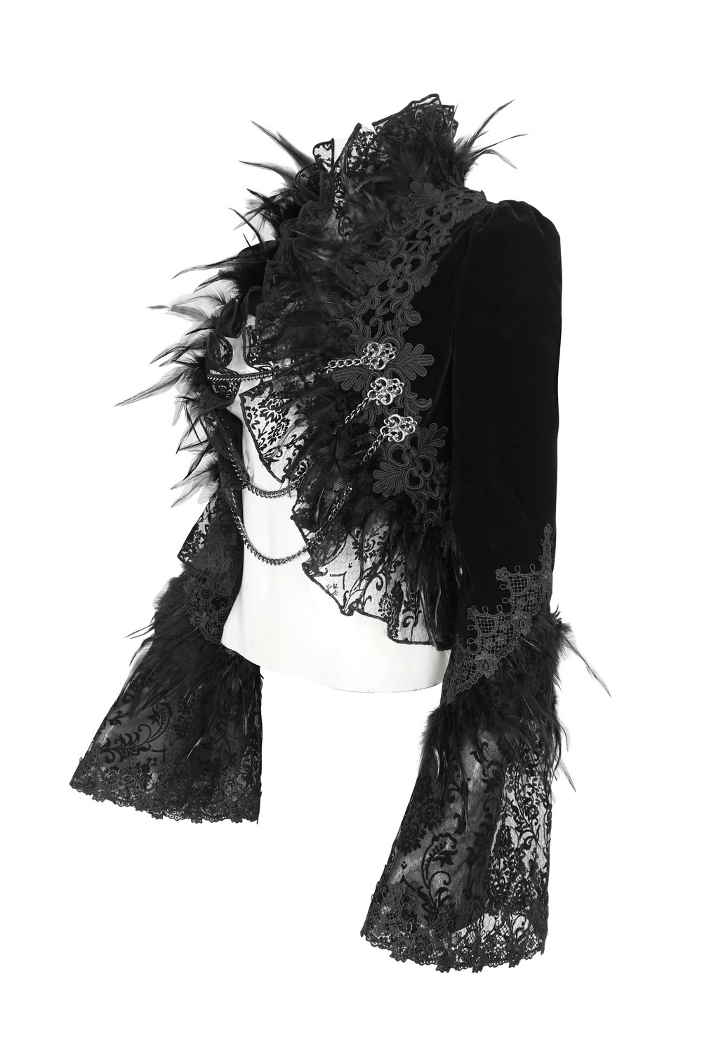 Chic Black Lace Bolero with Feathers and Chain Accents