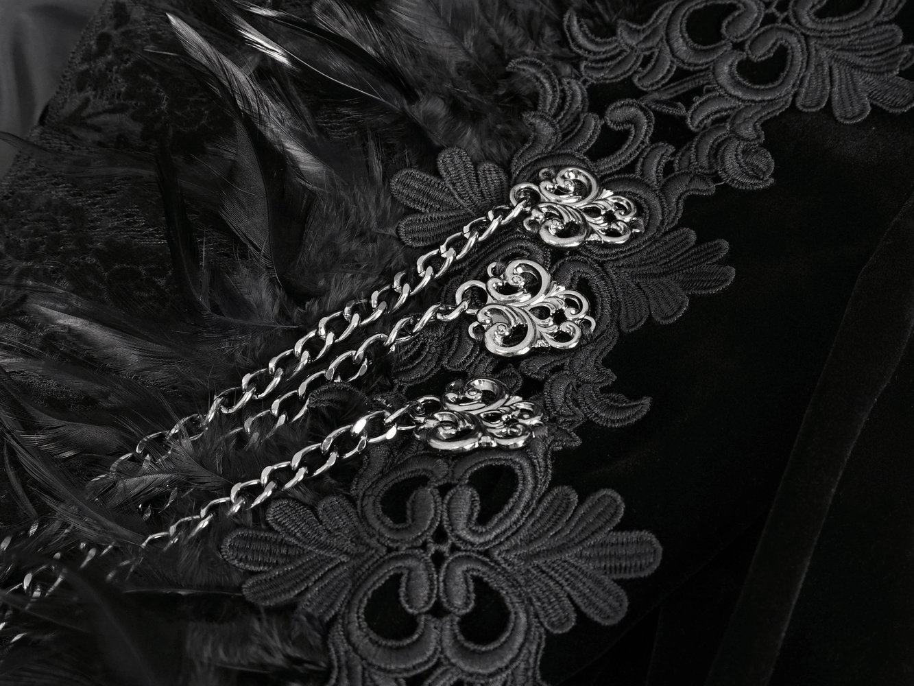 Chic Black Lace Bolero with Feathers and Chain Accents