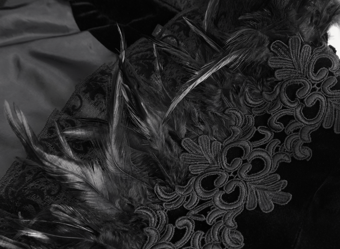 Chic Black Lace Bolero with Feathers and Chain Accents