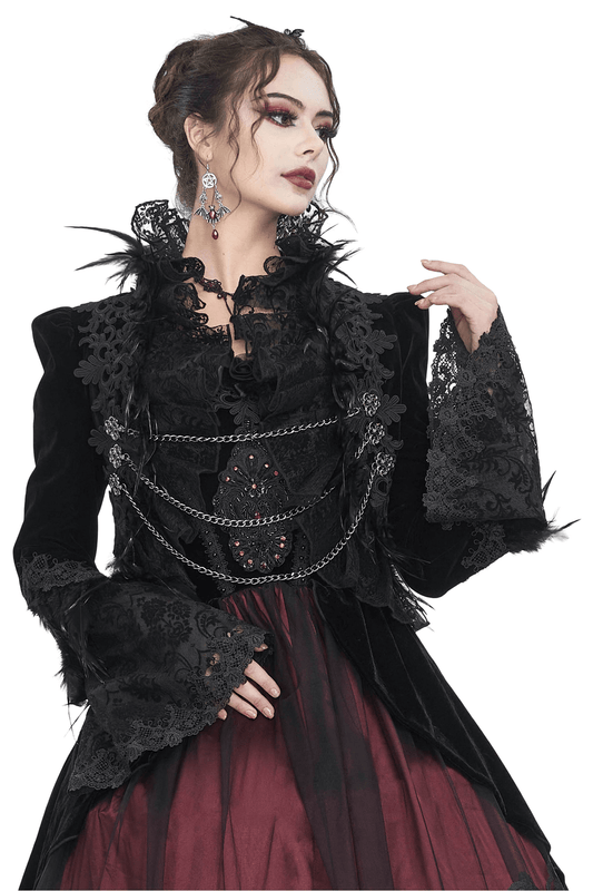 Chic Black Lace Bolero with Feathers and Chain Accents