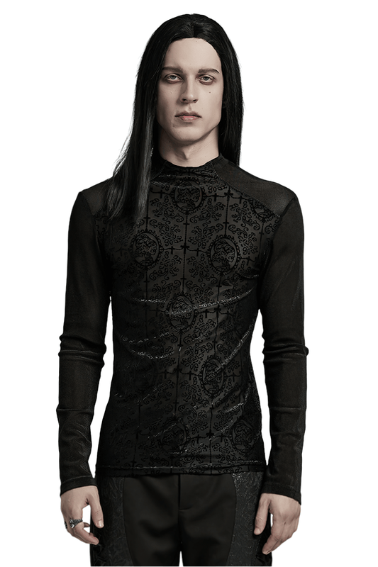 Chic Black Men's Printed Flocking Mesh Top - Sleek Design