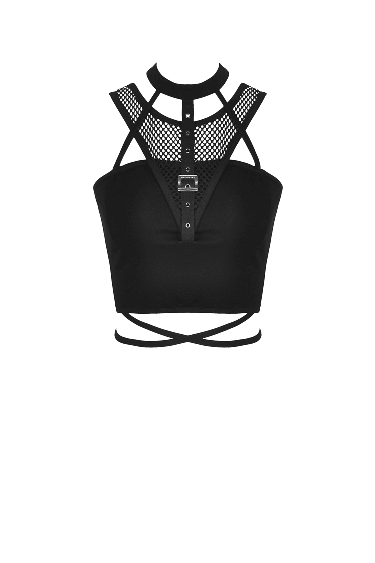 Chic Black Mesh-Panel Crop Top with Choker Neckline