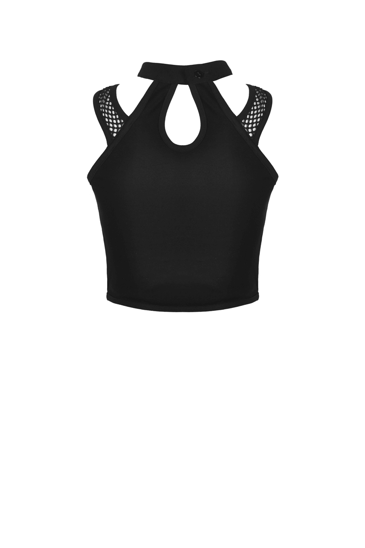 Chic Black Mesh-Panel Crop Top with Choker Neckline