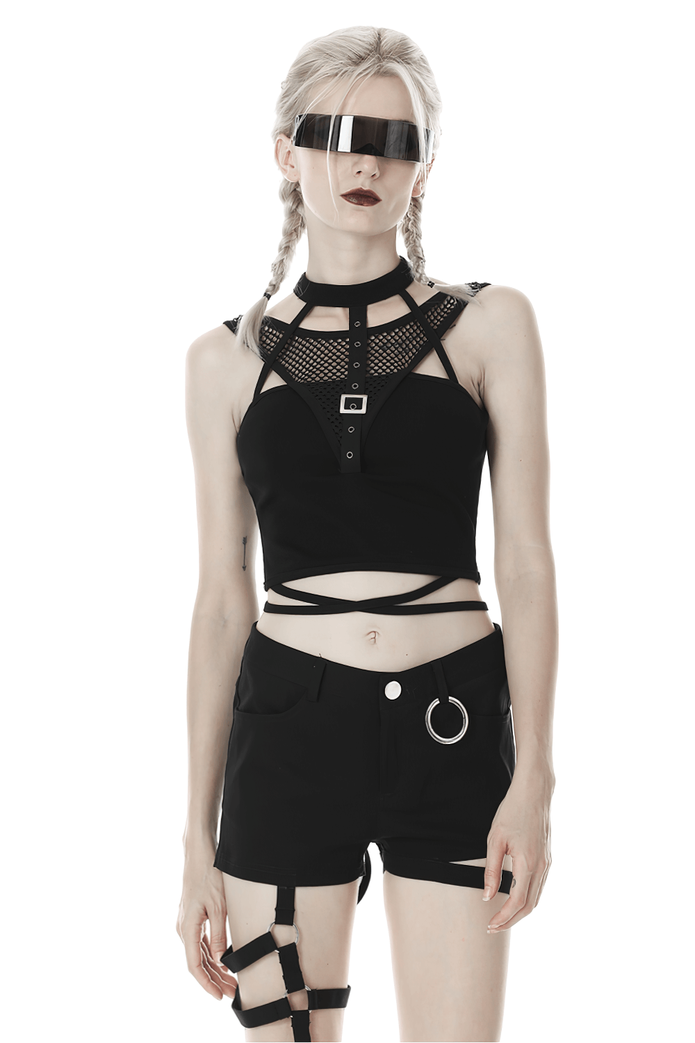 Chic Black Mesh-Panel Crop Top with Choker Neckline