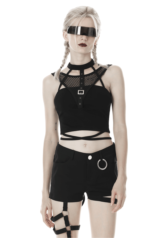 Chic Black Mesh-Panel Crop Top with Choker Neckline