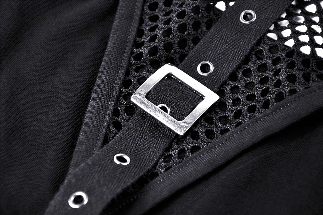 Chic Black Mesh-Panel Crop Top with Choker Neckline