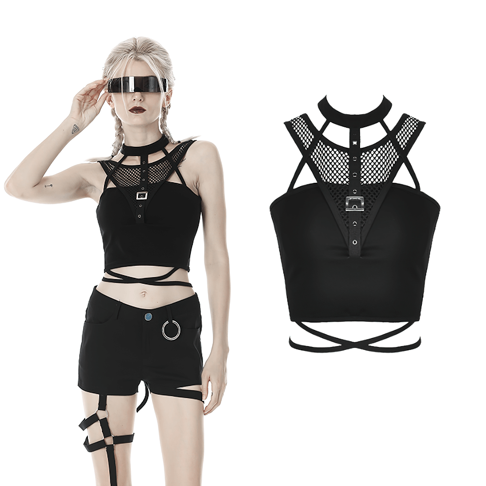 Chic Black Mesh-Panel Crop Top with Choker Neckline