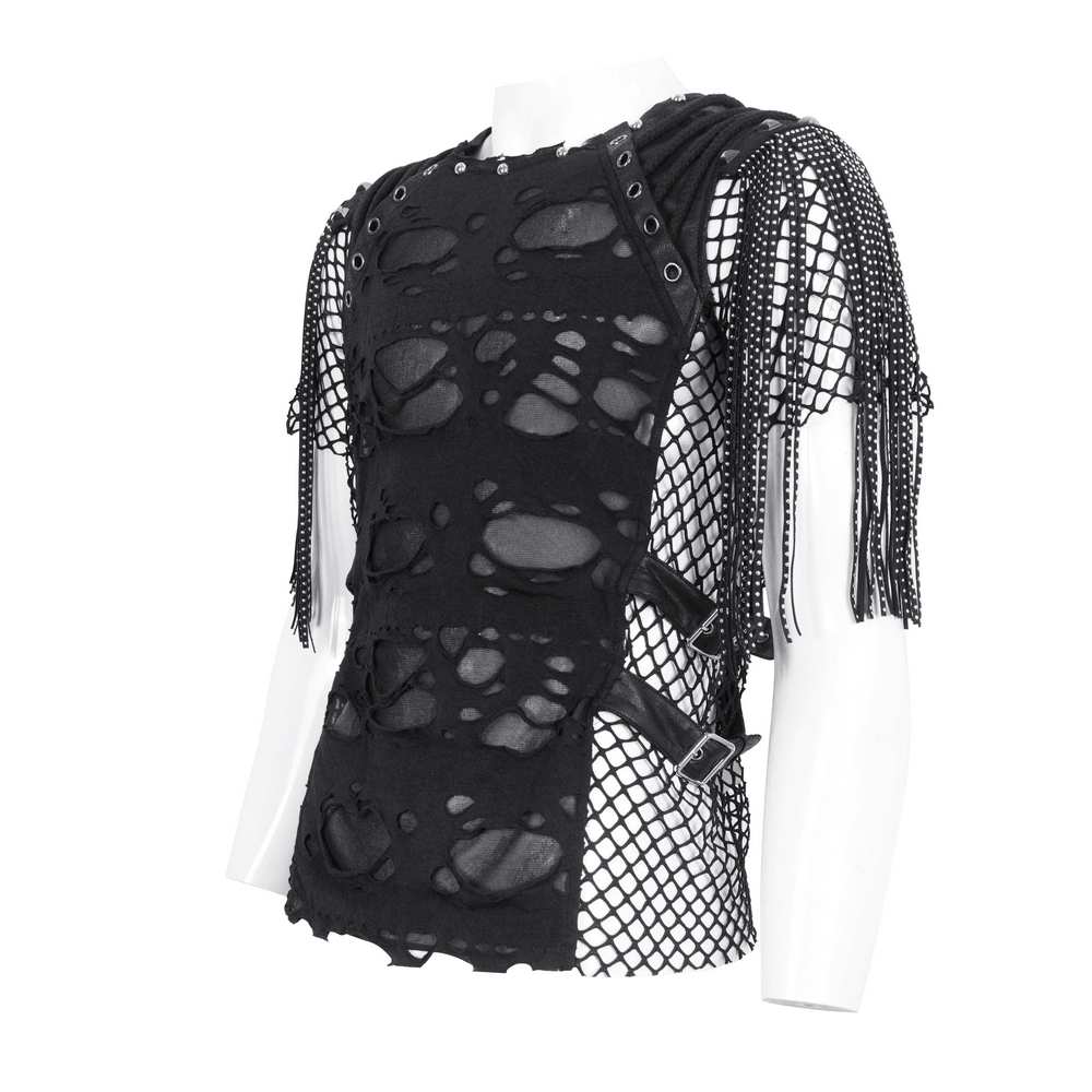 Chic Black Mesh T-Shirt with Fringe Detailing