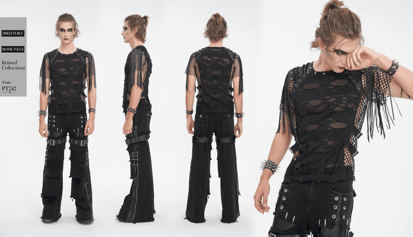 Chic Black Mesh T-Shirt with Fringe Detailing