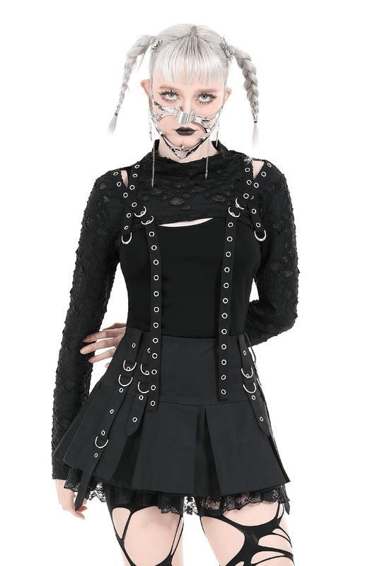 Chic Black Ripped Crop Top with Metal Accents