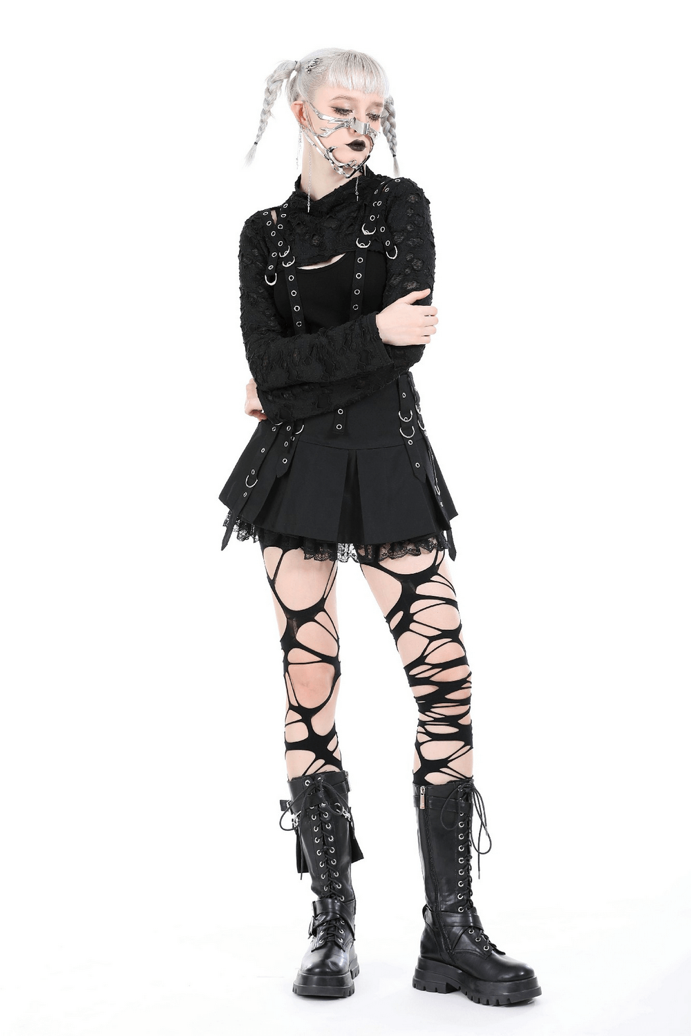 Chic Black Ripped Crop Top with Metal Accents