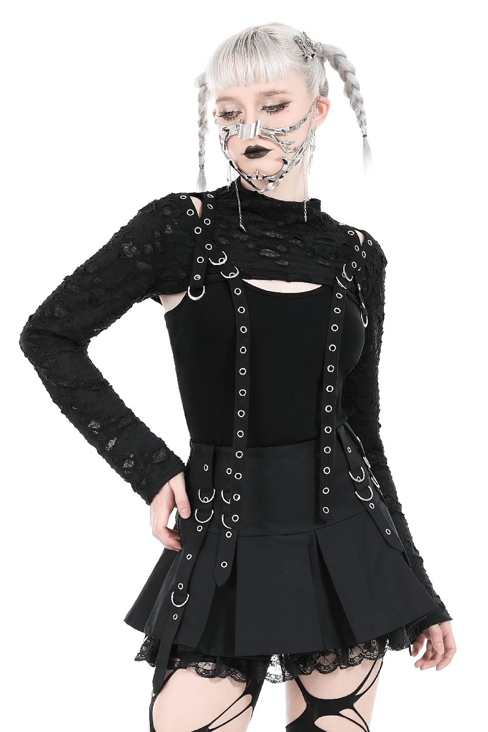 Chic Black Ripped Crop Top with Metal Accents