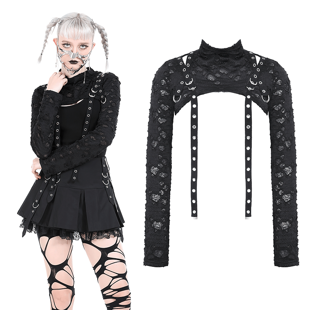 Chic Black Ripped Crop Top with Metal Accents