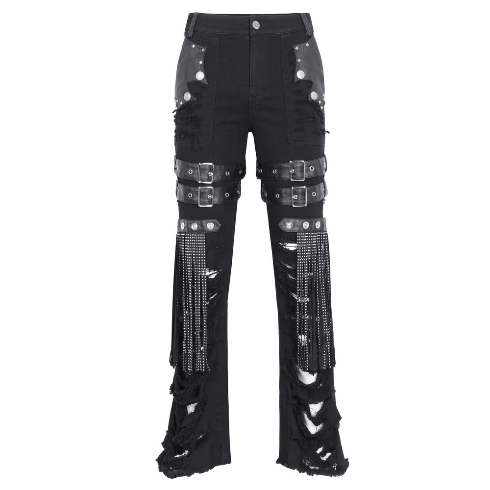 Chic Black Studded Ripped Jeans with Buckle Details