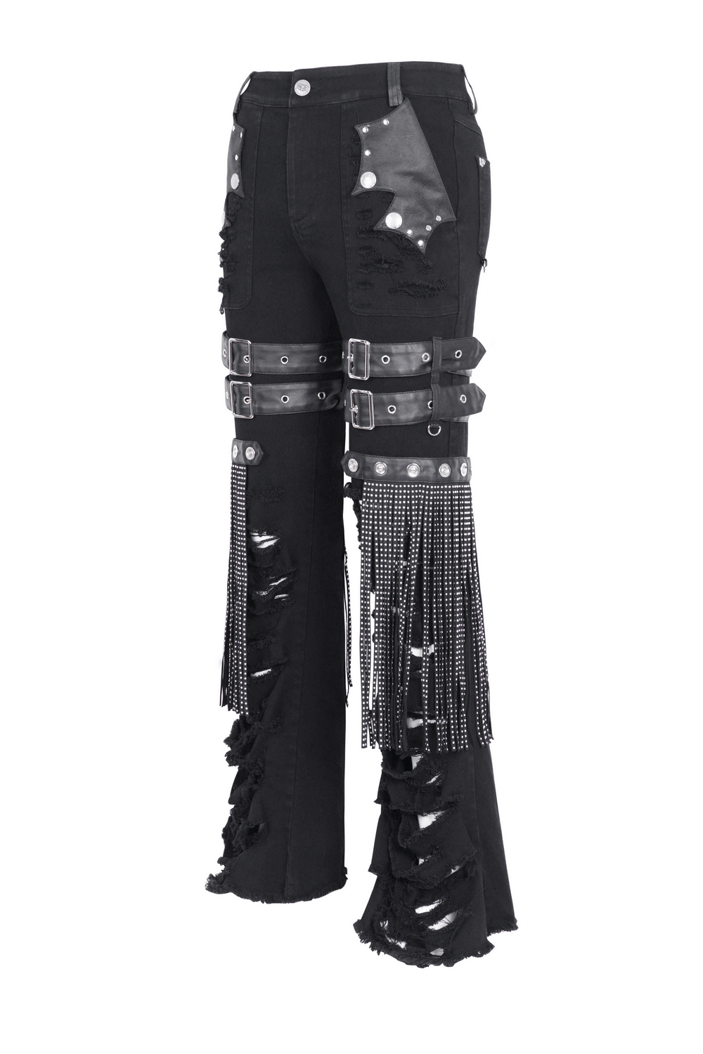Chic Black Studded Ripped Jeans with Buckle Details