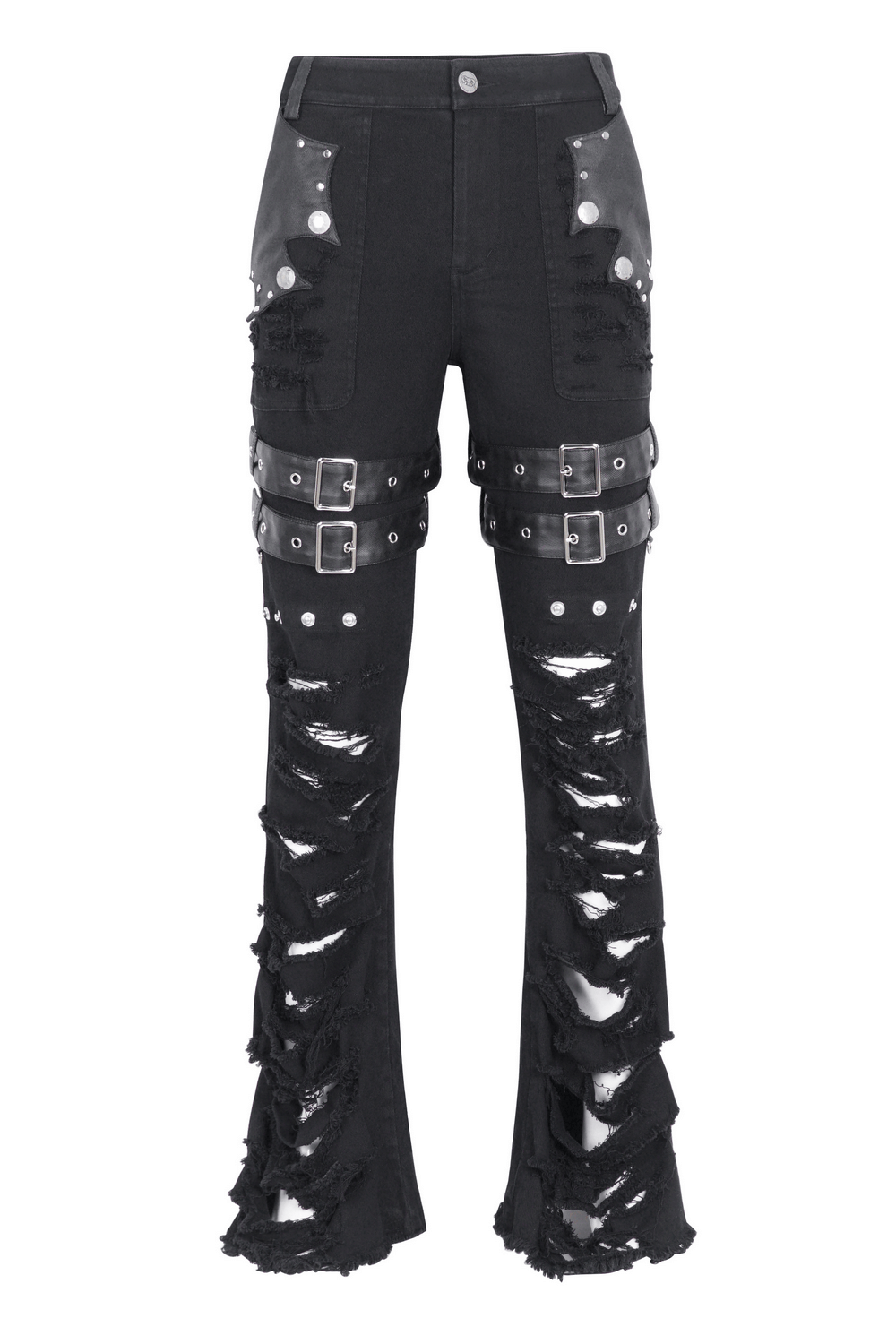 Chic Black Studded Ripped Jeans with Buckle Details