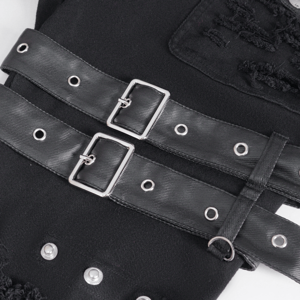 Chic Black Studded Ripped Jeans with Buckle Details