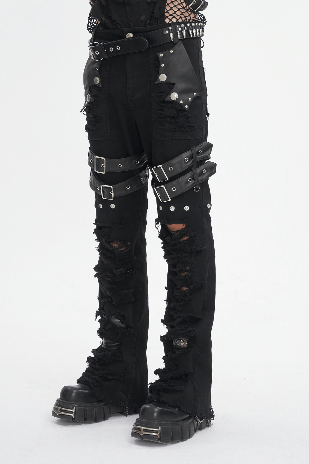 Chic Black Studded Ripped Jeans with Buckle Details