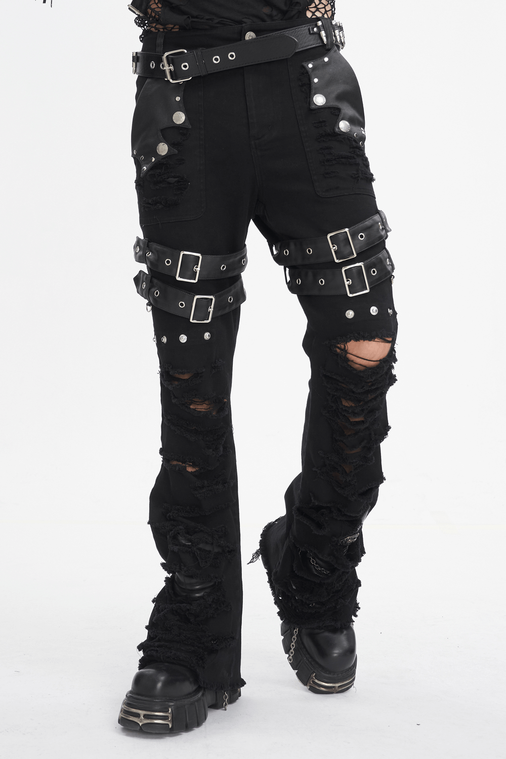 Chic Black Studded Ripped Jeans with Buckle Details