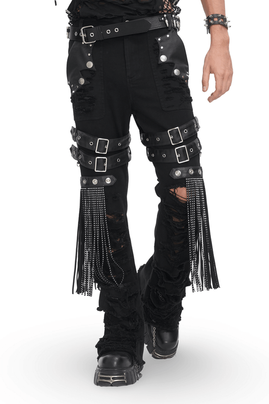 Chic Black Studded Ripped Jeans with Buckle Details