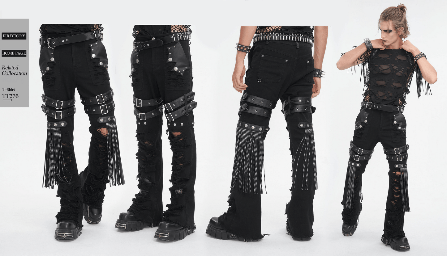Chic Black Studded Ripped Jeans with Buckle Details