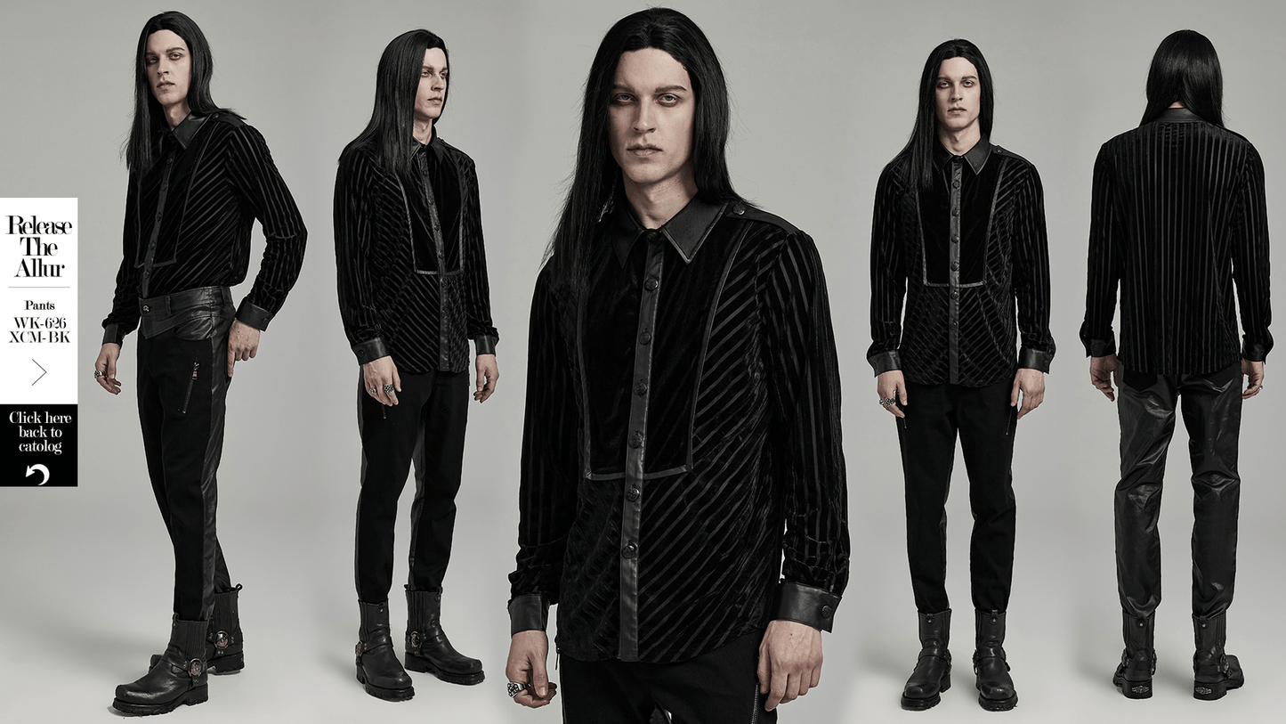 Chic Black Tactical Striped Velvet Men's Shirt