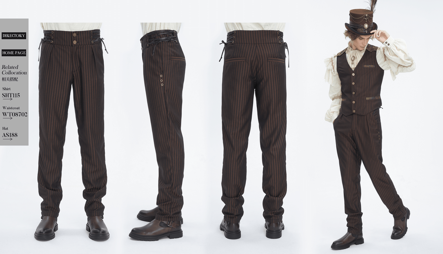 Chic Brown Striped Trousers with Lace-Up Sides