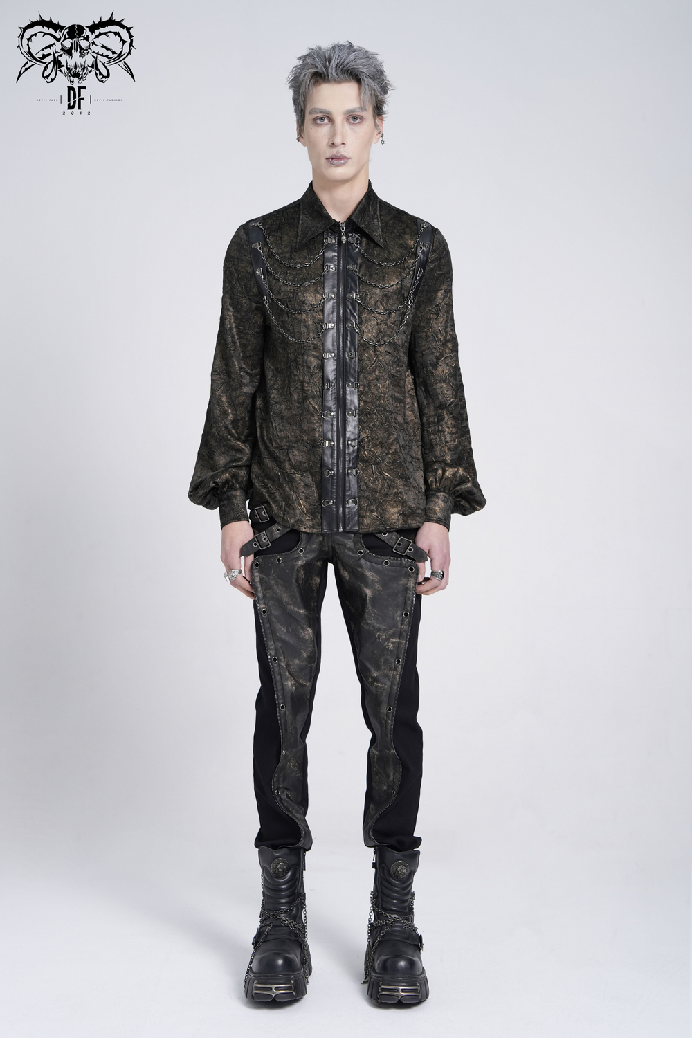 Chic Chain Shirt with Faux Leather Straps and Loops