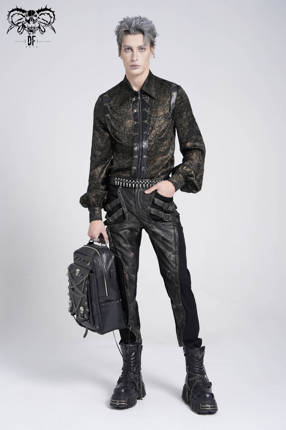 Chic Chain Shirt with Faux Leather Straps and Loops