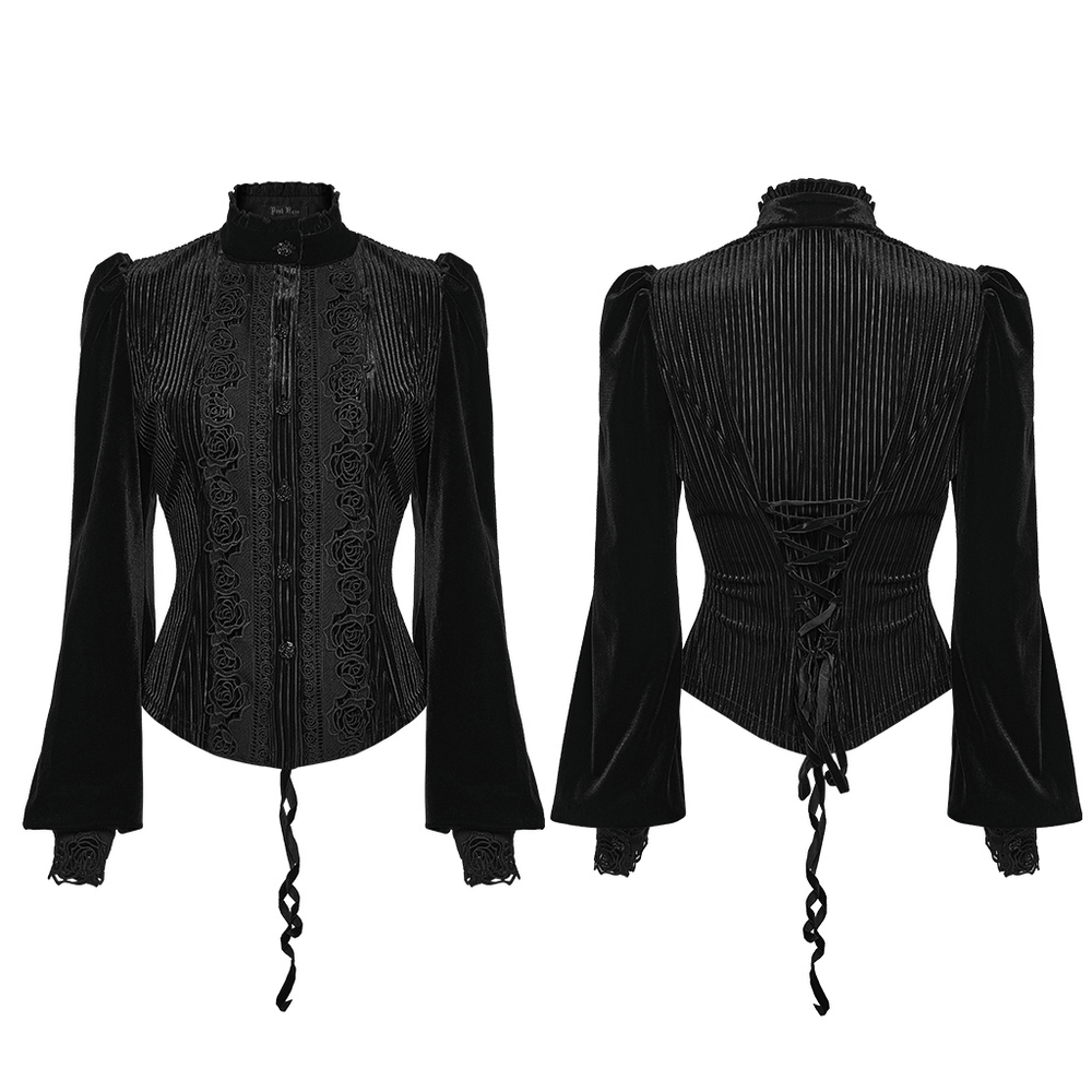 Chic Female Velvet Shirt with Lace and Vertical Stripes