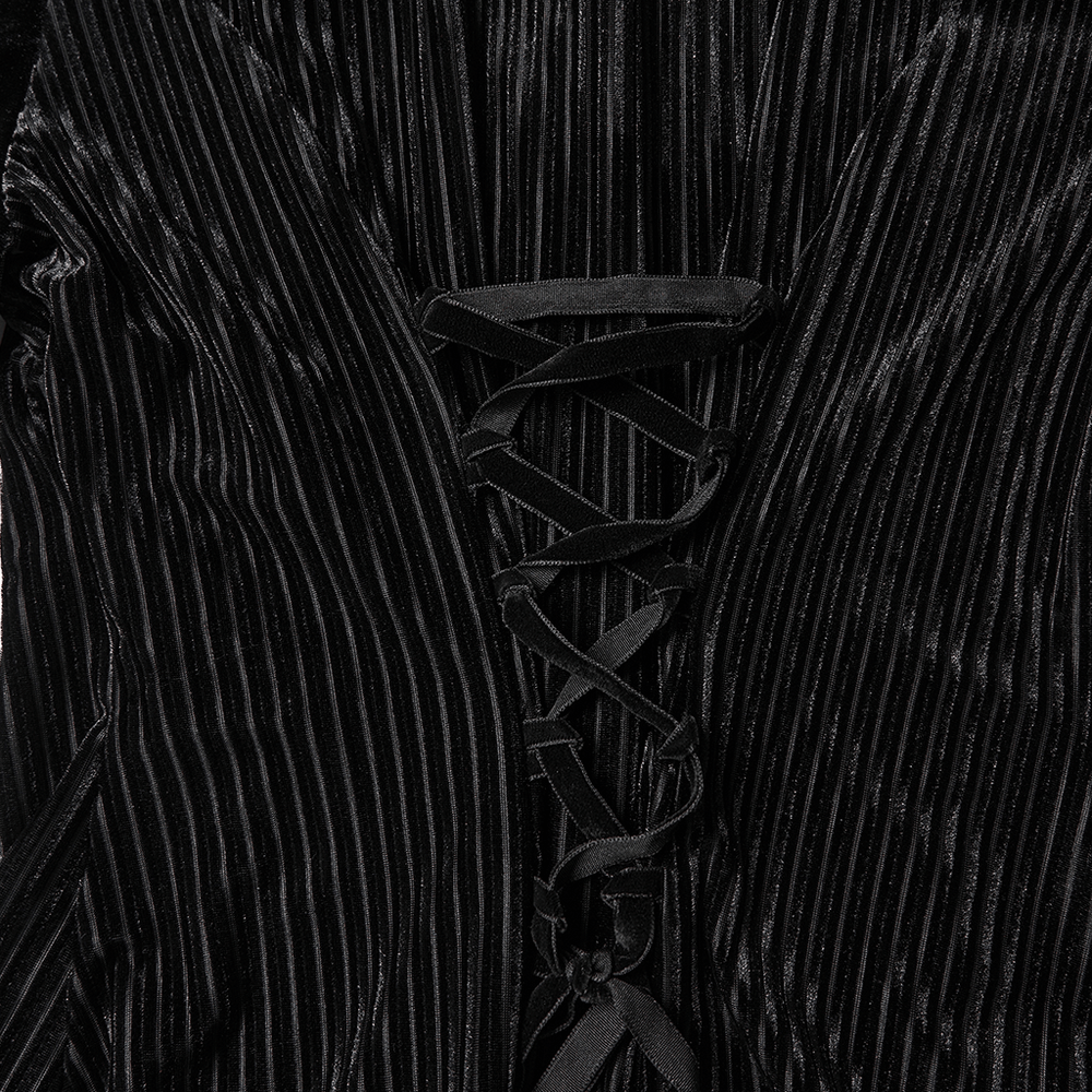 Chic Female Velvet Shirt with Lace and Vertical Stripes