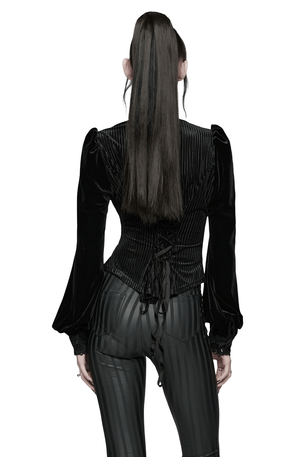 Chic Female Velvet Shirt with Lace and Vertical Stripes