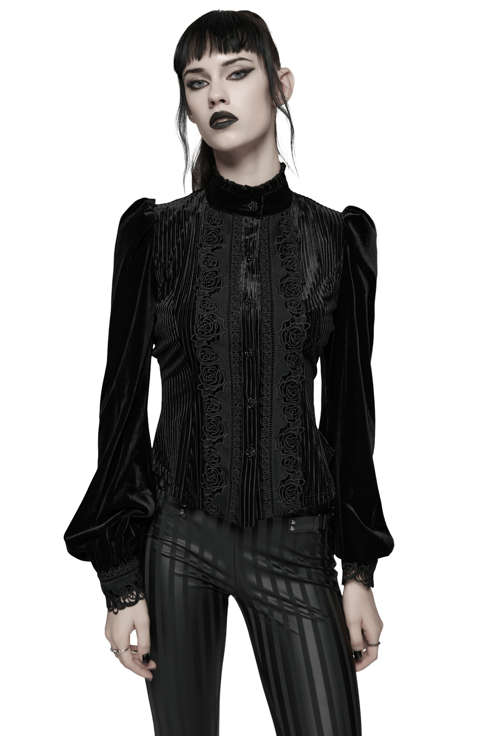 Chic Female Velvet Shirt with Lace and Vertical Stripes