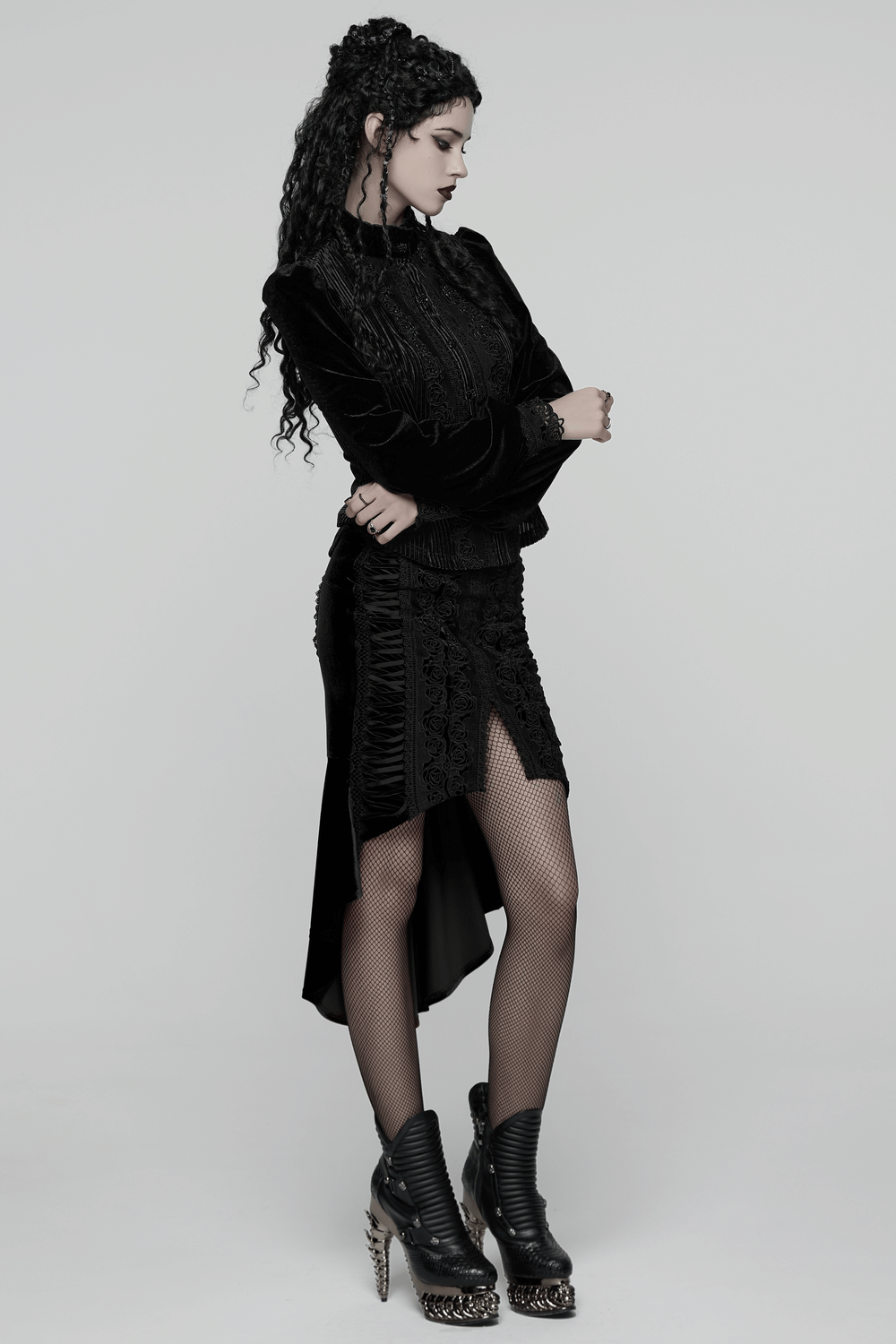 Chic Female Velvet Shirt with Lace and Vertical Stripes